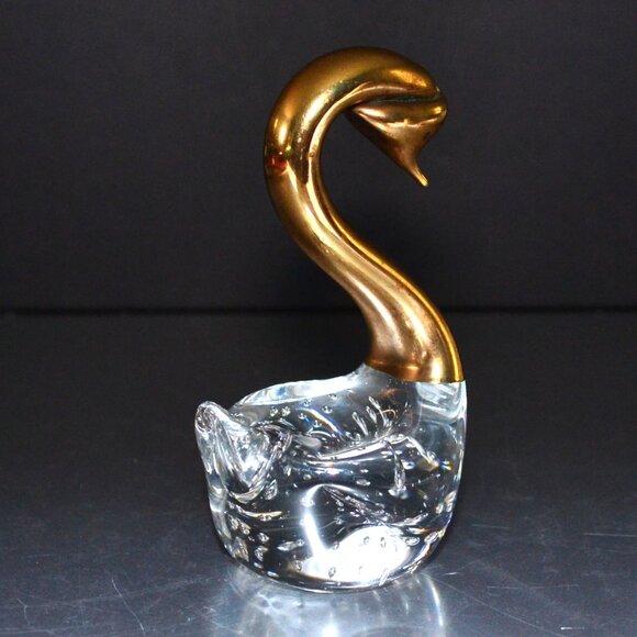 Vintage Brass And Bubble Glass Swan Figure Room Accent Paperweight MCM - Picture 3 of 5